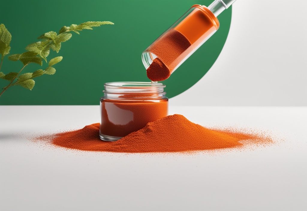 Illustrazione fotorealistica moderna con tema verde, astaxantina in polvere arancione su sfondo bianco minimalista, con un piccolo barattolo di vetro parzialmente riempito di supplemento.