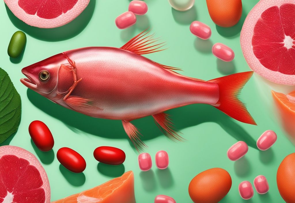 Illustrazione fotorealistica moderna di capsule di Astaxantina rosso-rosa su sfondo di cibi ricchi di antiossidanti come salmone, gamberi e krill.