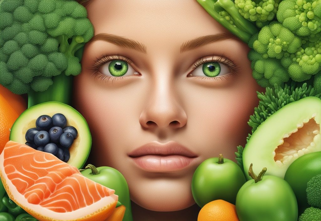 Illustrazione fotorealistica moderna con tema verde, occhi sani e vibranti circondati da frutta e verdura ricca di antiossidanti, con enfasi su salmone, gamberi e altri alimenti ricchi di astaxantina.