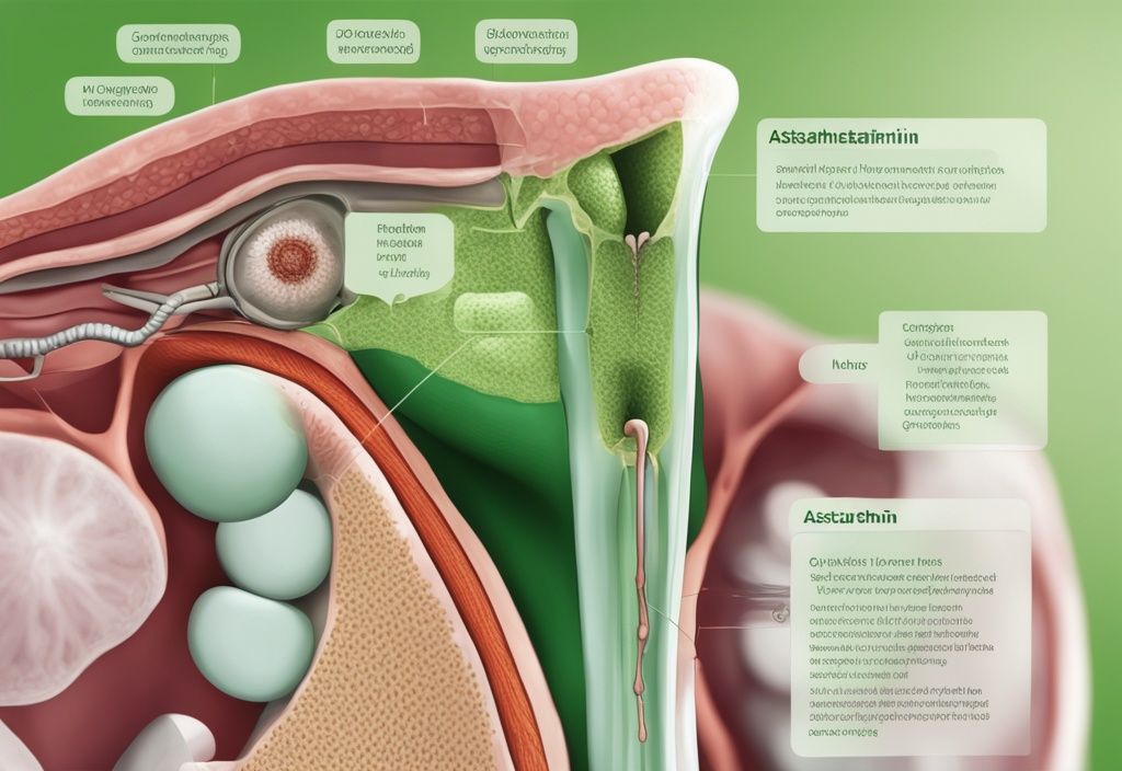 Illustrazione fotorealistica moderna di una tiroide umana con marcatori visivi degli effetti collaterali dell'astaxantina, tema colore verde.