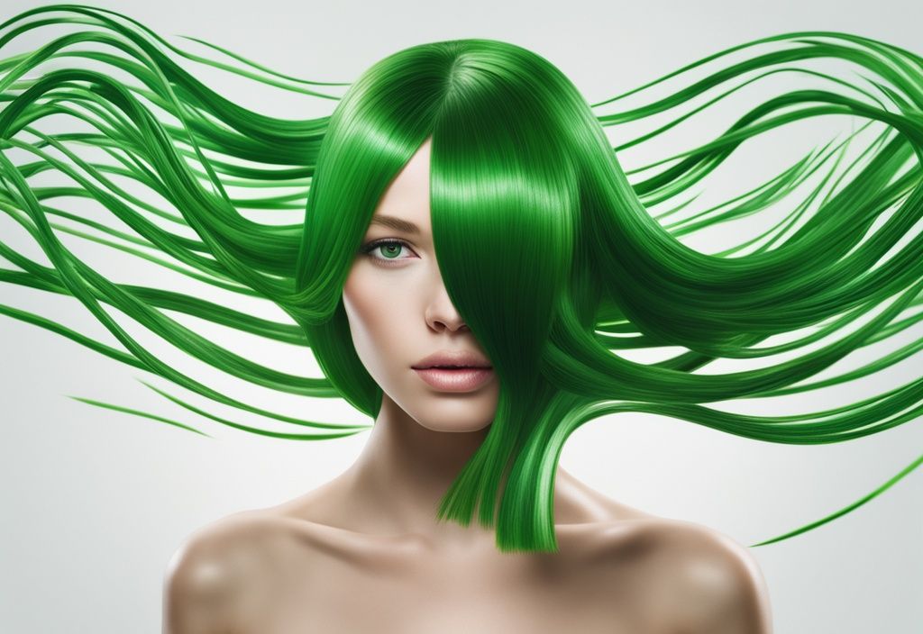 Illustrazione fotorealistica moderna di capelli sani e lucenti in una capsula, simbolo di integratore per capelli con astaxantina, colore verde.