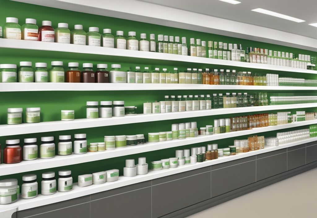 Illustrazione moderna fotorealistica di una farmacia con scaffale di integratori, in evidenza una bottiglia di Astaxantina, etichettata come la migliore.