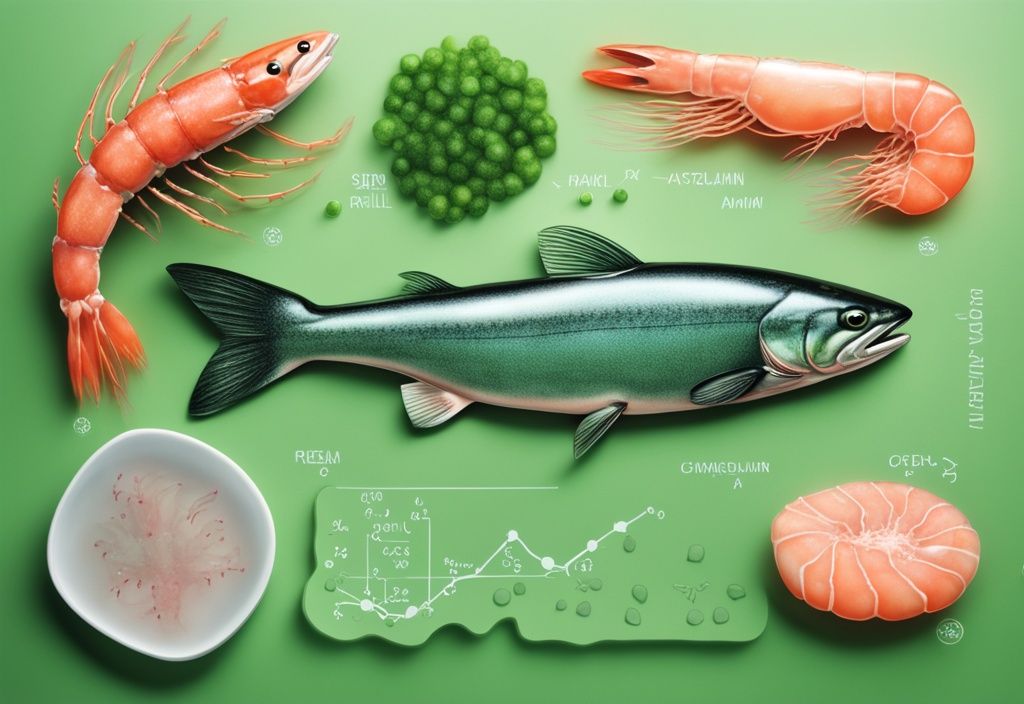 Illustrazione fotorealistica moderna con tema verde, raffigurante salmone, gambero e krill come fonti di Astaxantina, con la struttura chimica dell'antiossidante.