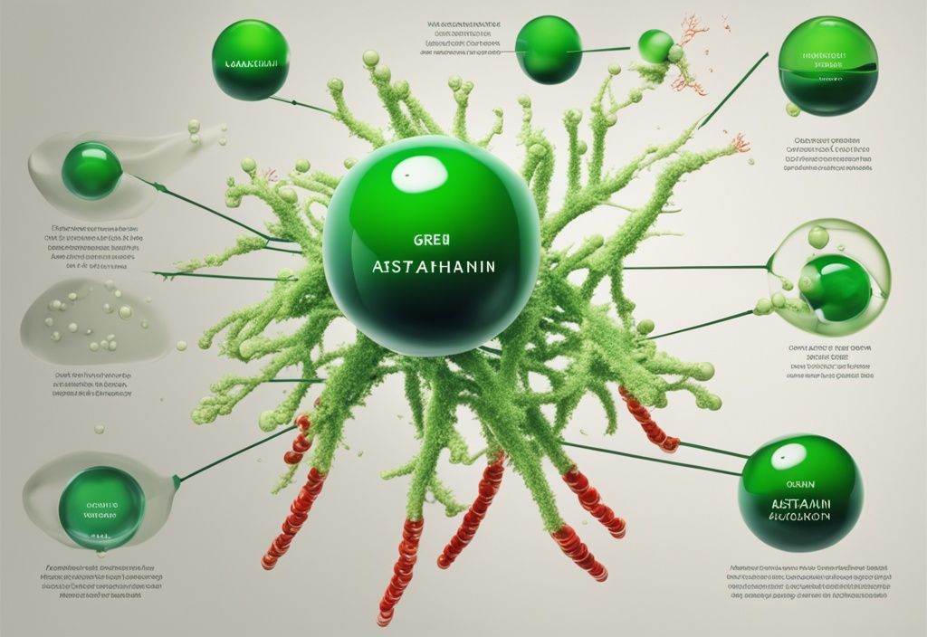 Illustrazione fotorealistica moderna con tema verde che mostra la struttura molecolare dell'astaxantina, con proprietà evidenziate su un lato e controindicazioni illustrate sull'altro. Parole chiave: astaxantina proprietà e controindicazioni.