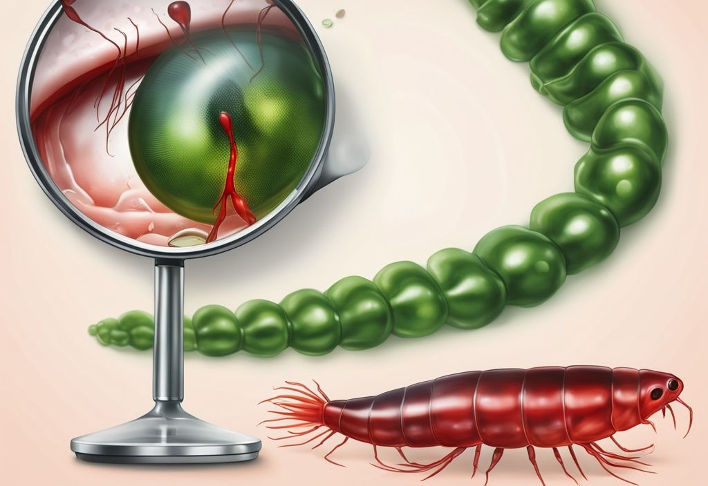 Illustrazione fotorealistica moderna con tema verde, raffigurante un krill rosso (fonte di astaxantina), con lente d'ingrandimento sui benefici e un segnale di avviso per le controindicazioni.