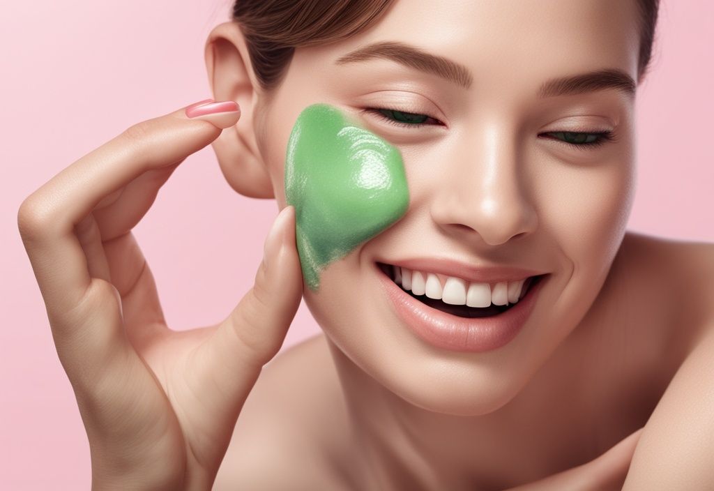 Illustrazione fotorealistica di una donna sorridente che applica crema di astaxantina rosa sulla guancia, tema colore verde