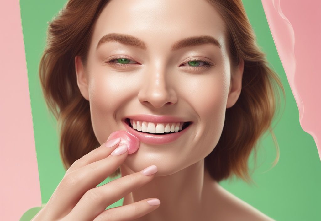 Illustrazione fotorealistica di una donna sorridente che applica una crema rosa all'astaxantina sulla guancia, tema principale verde.