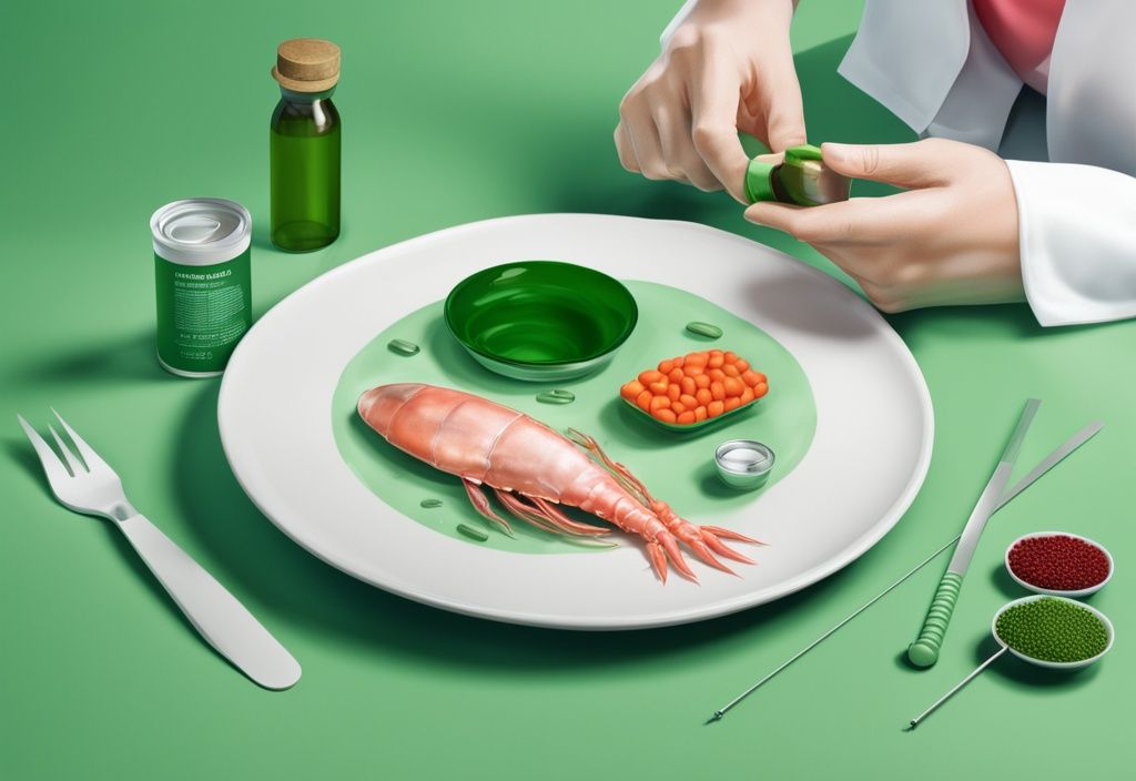 Illustrazione moderna fotorealistica con tema verde, persona che misura la vita con un metro a nastro, capsule di integratori di astaxantina e piatto di frutti di mare ricchi di astaxantina sullo sfondo, astaxantina per dimagrire.