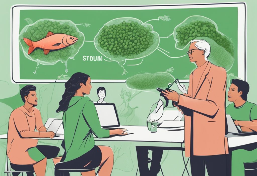 Illustrazione moderna fotorealistica di persone che discutono in un forum online vibrante sul tema dell'astaxantina, con palloncini di dialogo contenenti immagini di strutture molecolari di astaxantina e cibi ricchi di astaxantina come salmone e gamberetti, tema colore verde.