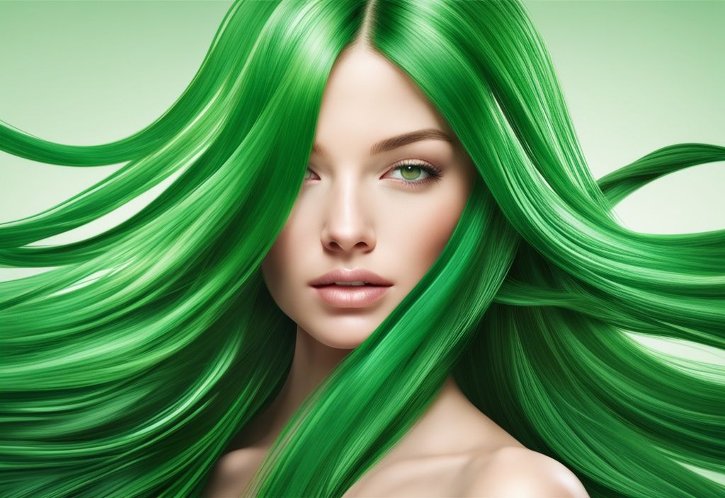 Illustrazione fotorealistica moderna di capelli sani e lucenti incapsulati in una capsula, simbolo di integratore per capelli con astaxantina, tema colore verde.