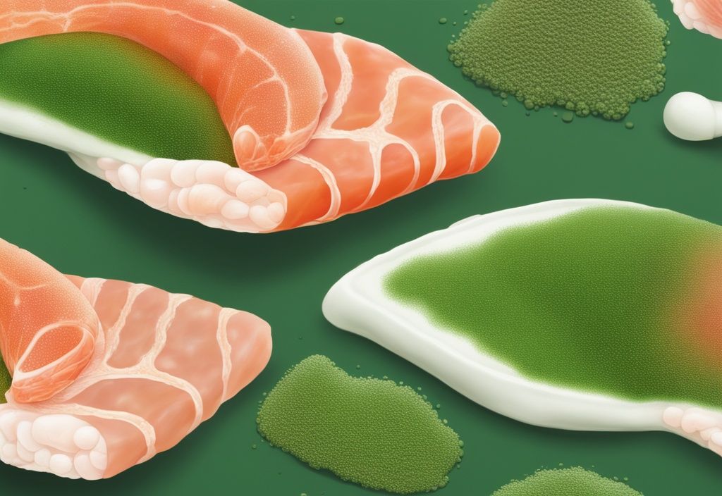 Illustrazione fotorealistica di salmone, gamberi e microalghe ricchi di astaxantina, fonti naturali di potenti antiossidanti.