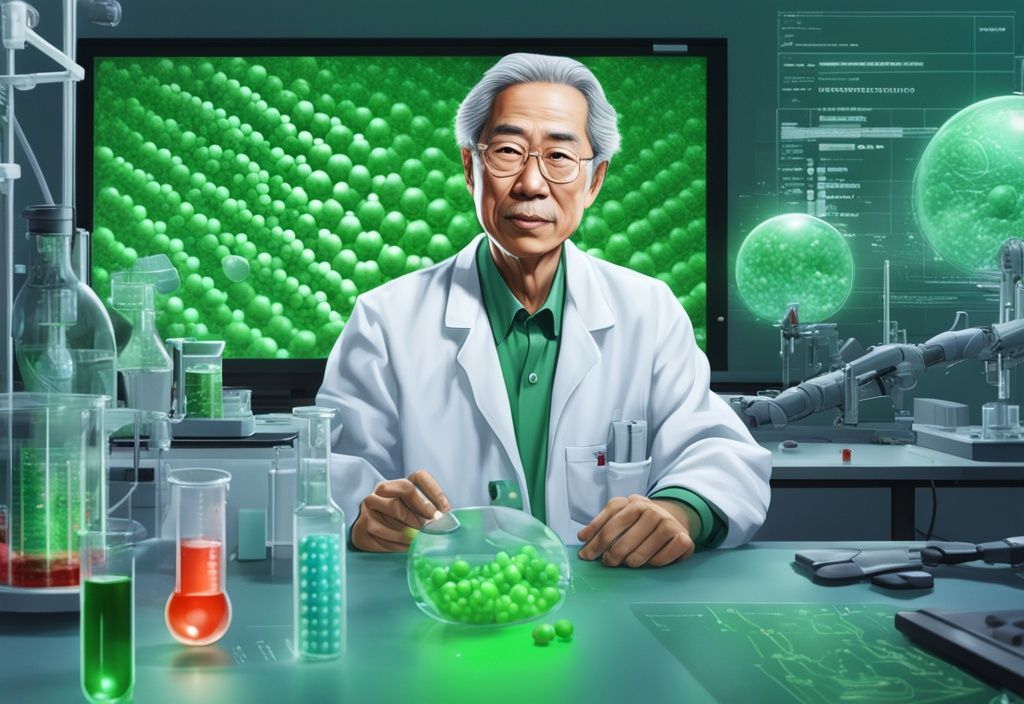 Illustrazione fotorealistica moderna di Yamamoto, famoso scienziato giapponese, che lavora in un laboratorio con una struttura molecolare di astaxantina visibile sullo schermo digitale dietro di lui, tema principale verde.