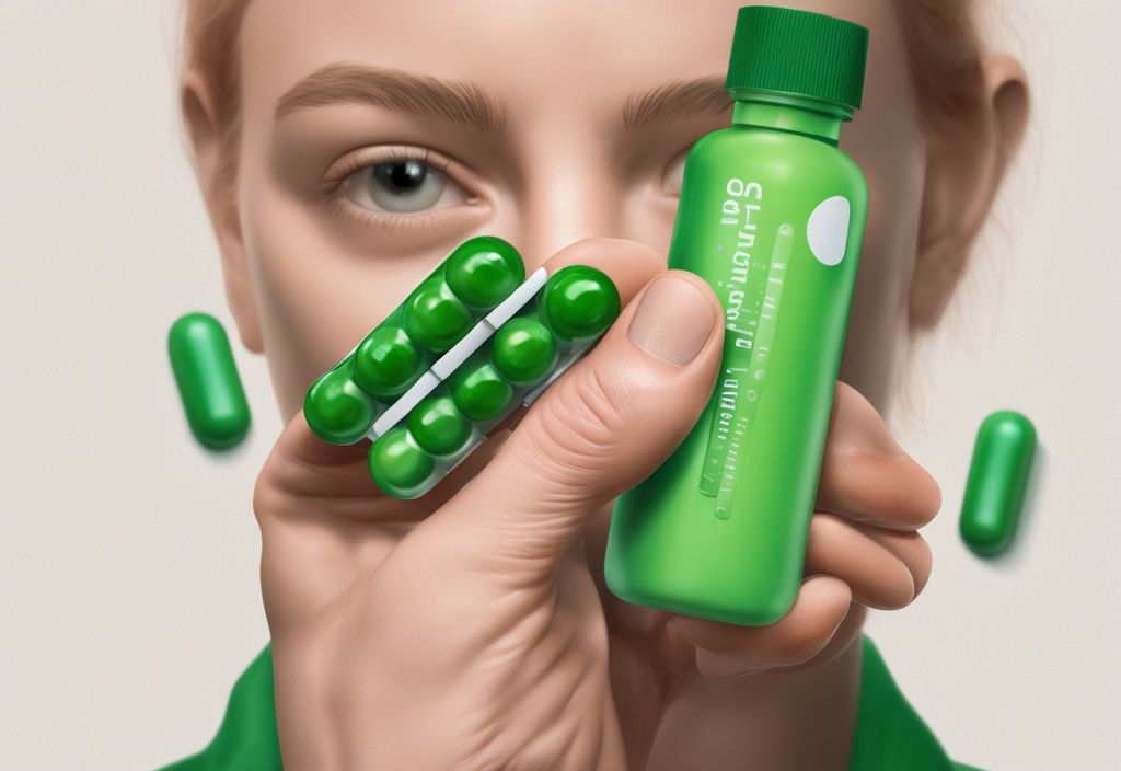 Illustrazione fotorealistica moderna di una persona che tiene una bottiglia di capsule di Astaxantina, accanto a un portapillole giornaliero suggerendo il dosaggio regolare, tema colore verde.