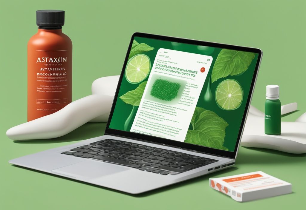 Persona che ricerca recensioni del prodotto Solgar Astaxanthin su laptop, con una bottiglia del prodotto accanto, illustrazione fotorealistica moderna a tema verde.