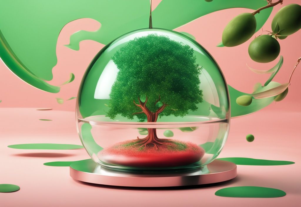 Capsula di astaxantina sospesa su sfondo di orologio fuso con albero astratto, simbolo di longevità e vita, illustrazione fotorealistica moderna verde