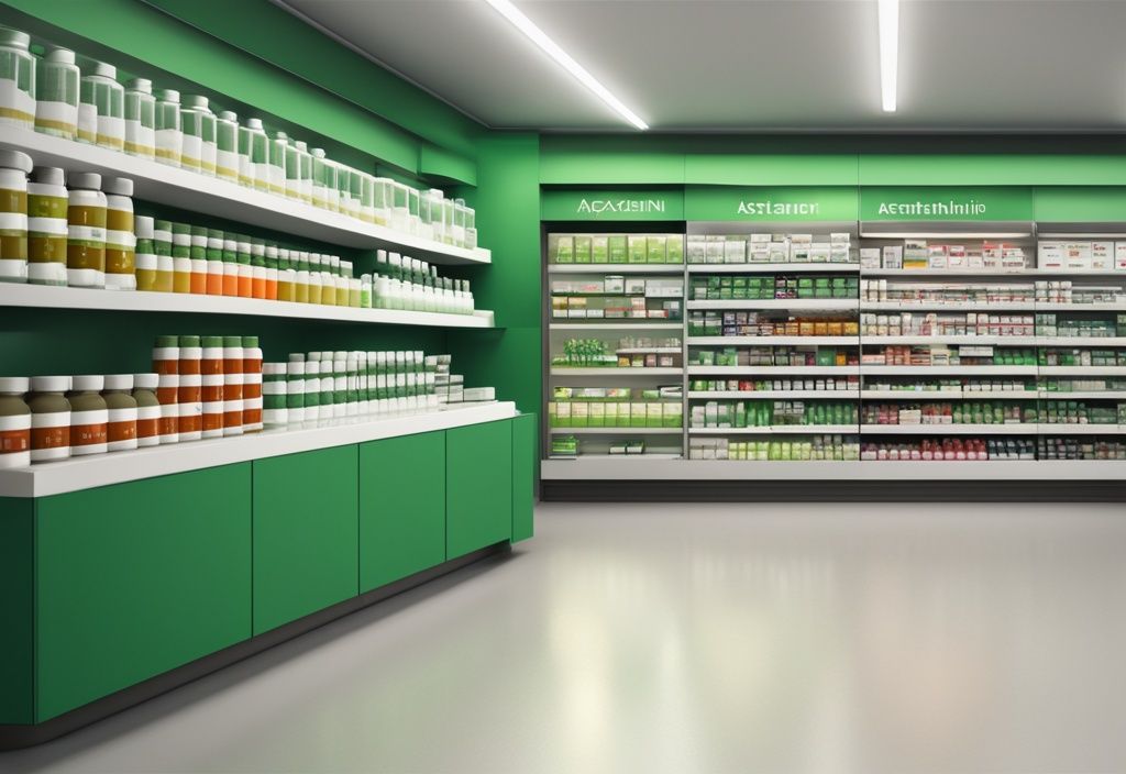 Illustrazione fotorealistica moderna di una farmacia con scaffale di integratori, in evidenza una bottiglia etichettata 'Astaxantina', colore principale verde.