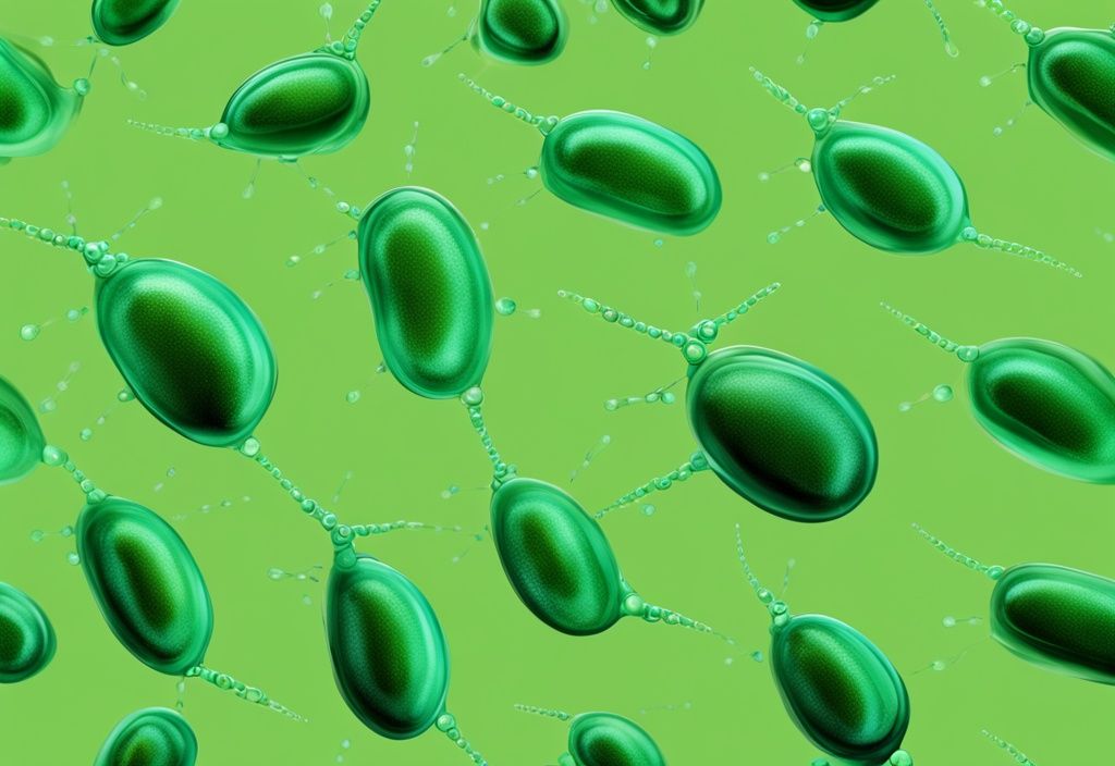 Illustrazione fotorealistica moderna di molecole di astaxantina biologica in vista microscopica, con tema principale verde, proveniente da organismi marini come alghe o gamberetti.