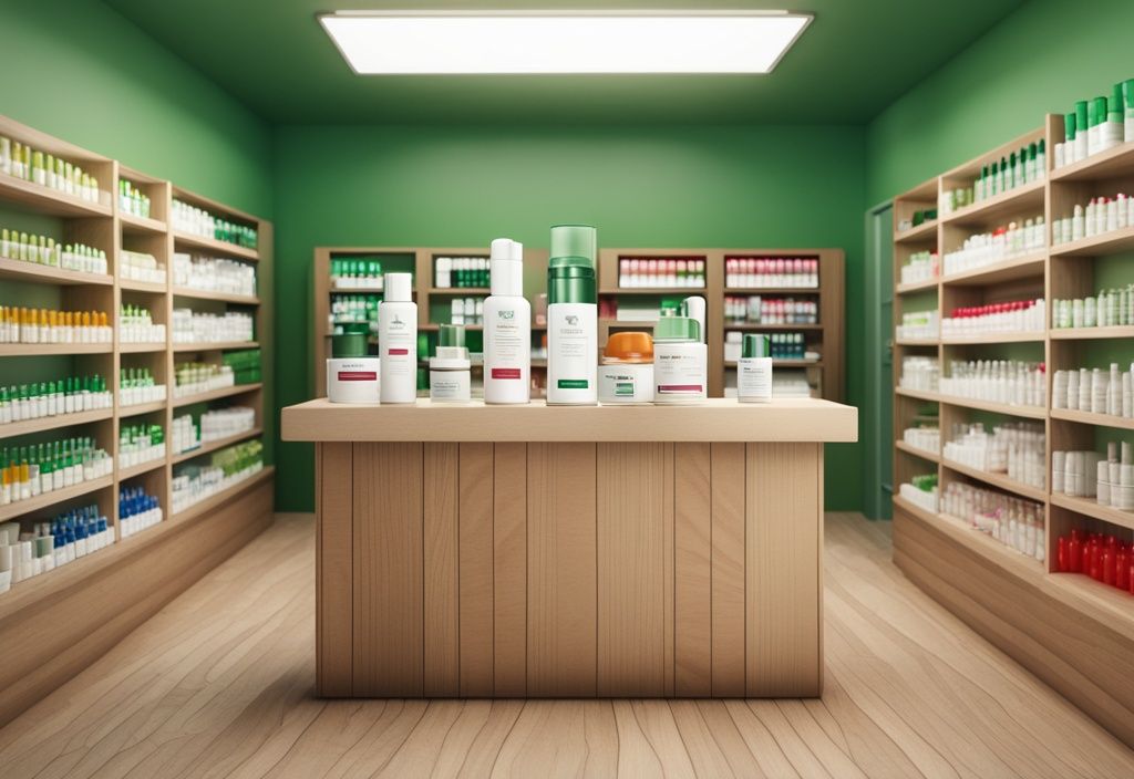 Illustrazione fotorealistica moderna con tema colore verde, tubo bianco di astaxantina crema viso farmacia su bancone di legno, sfondo con file di bottiglie di medicinali colorate.