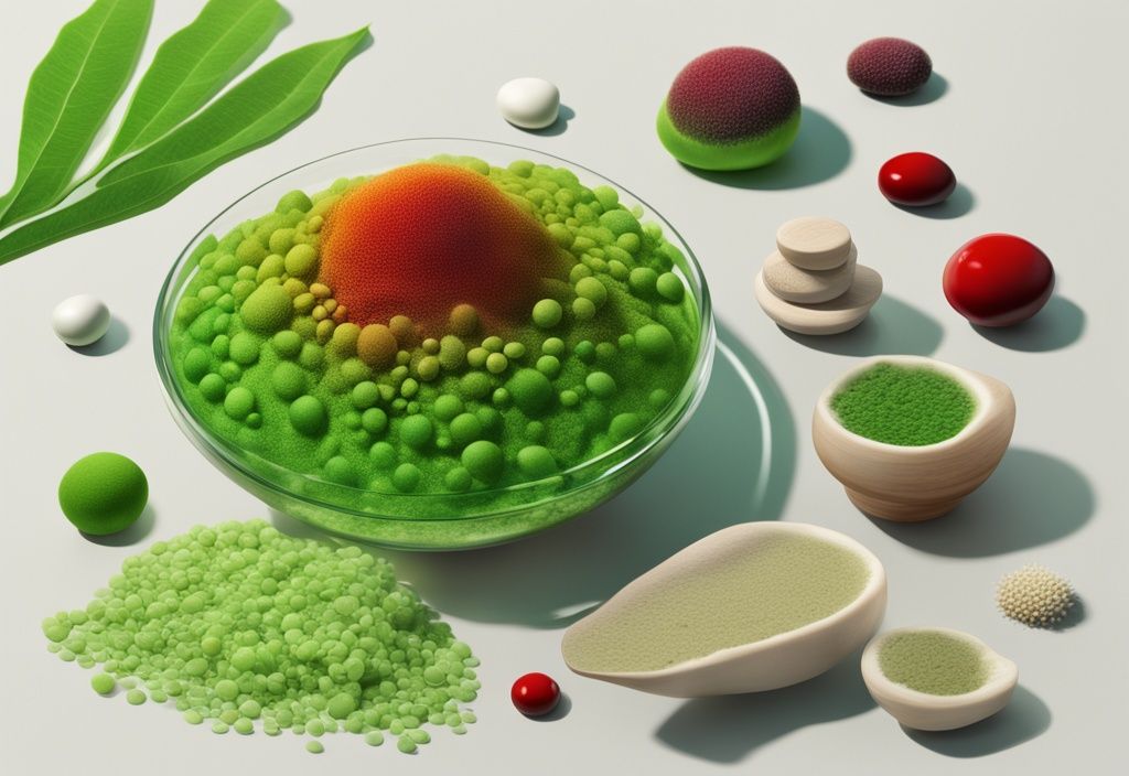 Illustrazione fotorealistica di Haematococcus pluvialis con alimenti ricchi di antiossidanti e integratori, fonte naturale di astaxantina.