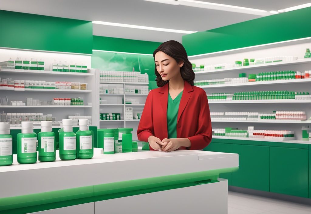 Illustrazione fotorealistica moderna con capsule rosse di astaxantina su un bancone di farmacia elegante, farmacista sullo sfondo che prepara farmaci, tema colore verde.