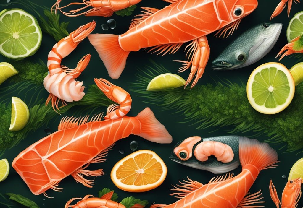 Illustrazione fotorealistica moderna con tema verde, esplosione di frutti di mare ricchi di astaxantina come salmone e gamberi su sfondo scuro.