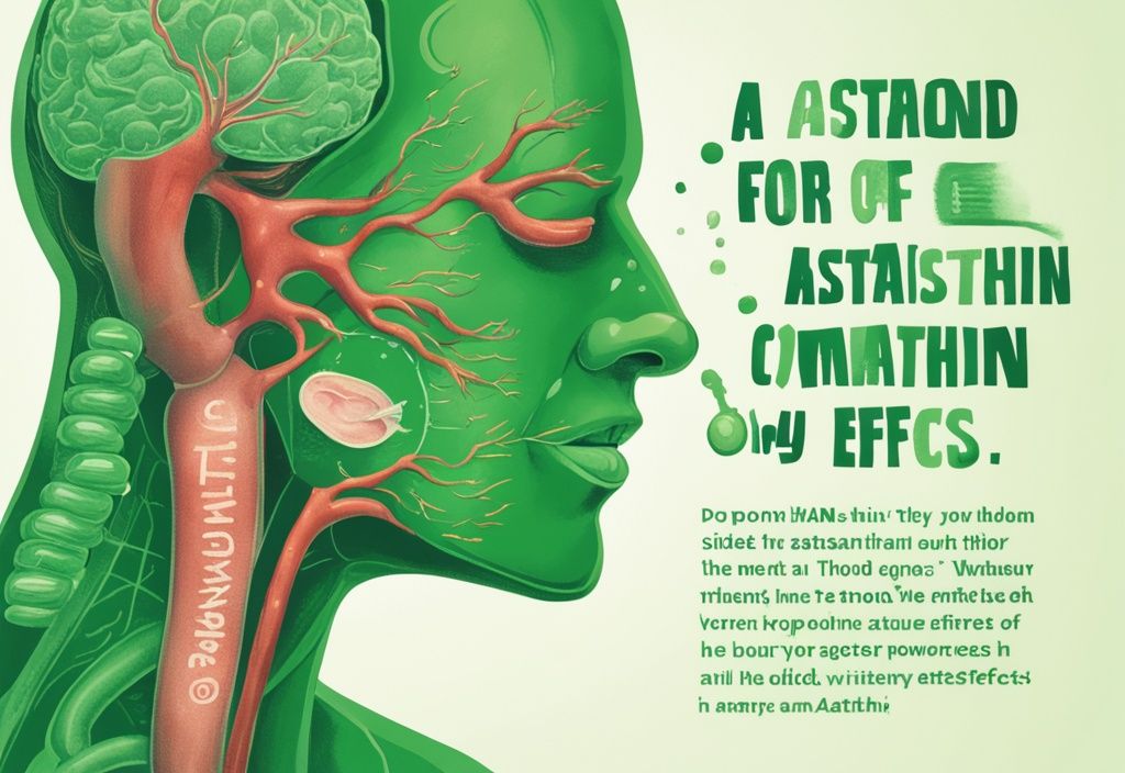 Illustrazione fotorealistica della tiroide umana con citazioni sui effetti collaterali dell'astaxantina, tema colore verde.