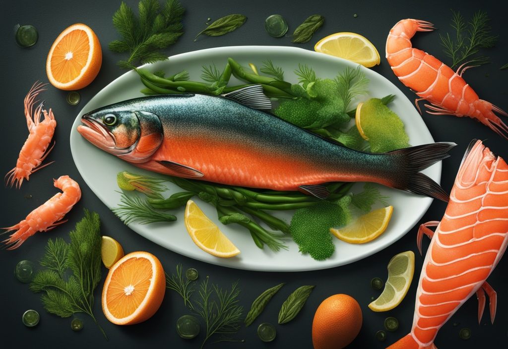 Illustrazione fotorealistica moderna di frutti di mare ricchi di astaxantina come salmone e gamberi su sfondo scuro, tema colore verde.