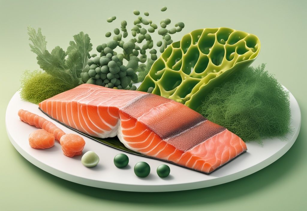 Illustrazione fotorealistica moderna di alimenti ricchi di astaxantina come salmone, gamberi e microalghe con rappresentazione 3D della molecola di astaxantina.