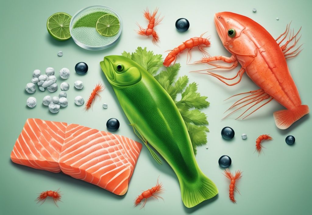 Illustrazione fotorealistica moderna di salmone, gamberetti e krill con struttura chimica dell'astaxantina, tema colore verde.