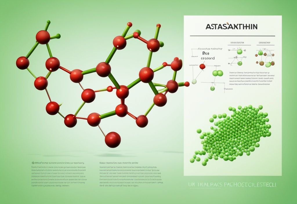 Illustrazione fotorealistica della struttura molecolare dell'Astaxantina con diagramma degli effetti positivi sui livelli di colesterolo, tema colore verde.