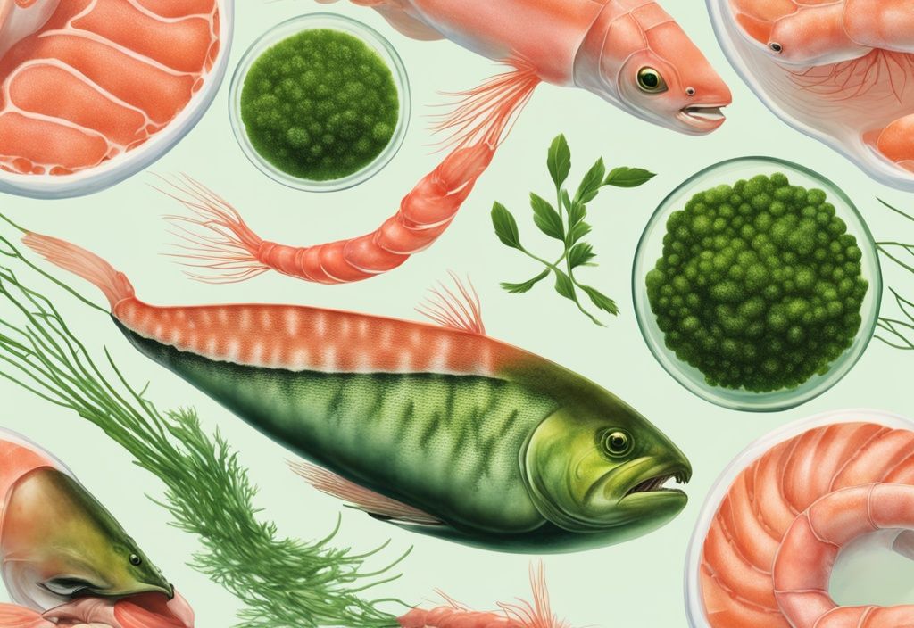 Illustrazione fotorealistica moderna di salmone, gamberi e microalghe ricchi di astaxantina, fonti naturali di antiossidanti potenti, tema colore verde.