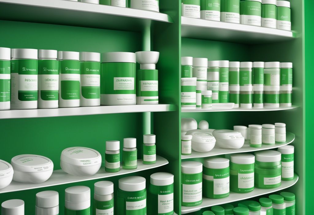 Illustrazione fotorealistica moderna di creme astaxantina popolari in una farmacia pulita e moderna con tema colore verde.