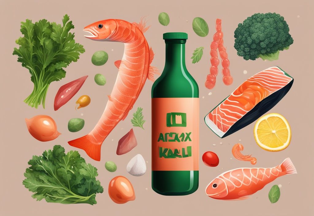 Illustrazione fotorealistica moderna con tema verde, bottiglia di astaxantina integratore migliore circondata da cibi sani come salmone, gamberi e cavolo riccio.