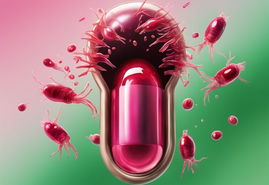 Capsula di olio di krill rosa che si rompe, rivelando una sostanza antiossidante rossa ricca di astaxantina o glutatione su sfondo verde.