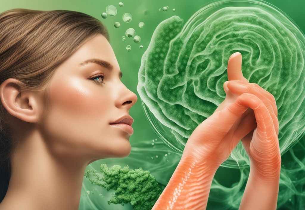 Illustrazione fotorealistica moderna con una donna radiosa che tocca il viso, sovrapposta a immagini di salmone, gamberi e microalghe, fonti di astaxantina benefici pelle.