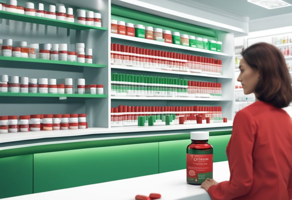 Illustrazione fotorealistica moderna con capsule di astaxantina rosse su un bancone di farmacia, farmacista sullo sfondo.