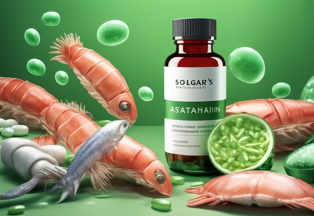 Illustrazione fotorealistica moderna con bottiglia di integratore Astaxantina di Solgar, capsule sparse e frutti di mare freschi, tema principale verde