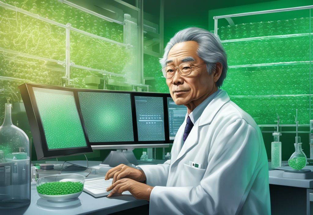 Illustrazione fotorealistica di Yamamoto, scienziato giapponese, che lavora in laboratorio con struttura molecolare di astaxantina sullo schermo digitale, tema colore verde.