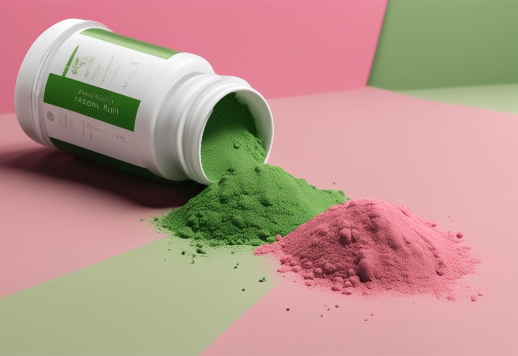 Illustrazione fotorealistica moderna con tema principale verde, polvere di Astaxantina rosa vibrante sparsa su sfondo bianco minimalista, che mostra la sua ricca texture e colore.