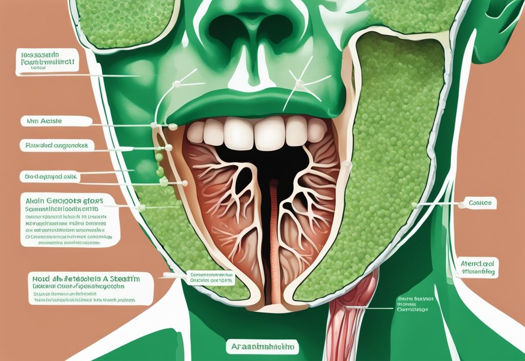 Illustrazione fotorealistica moderna di una sezione trasversale della tiroide umana con effetti collaterali dell'astaxantina, tema verde.