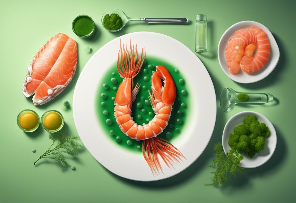 Illustrazione fotorealistica moderna della struttura molecolare di astaxantina con un piatto di salmone, gamberi e granchio, ricche fonti del nutriente.