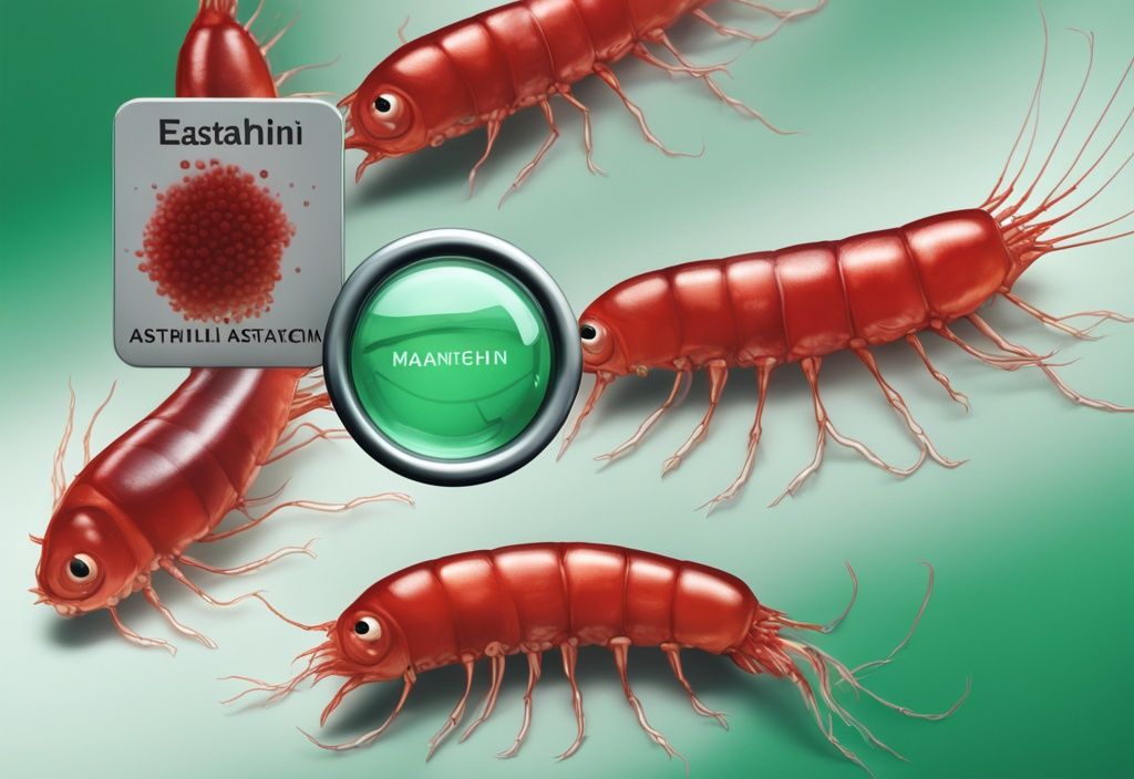 Illustrazione fotorealistica moderna con tema verde, raffigurante un krill rosso (fonte di astaxantina) con lente d'ingrandimento sui benefici e segnale di avvertimento sulle controindicazioni.