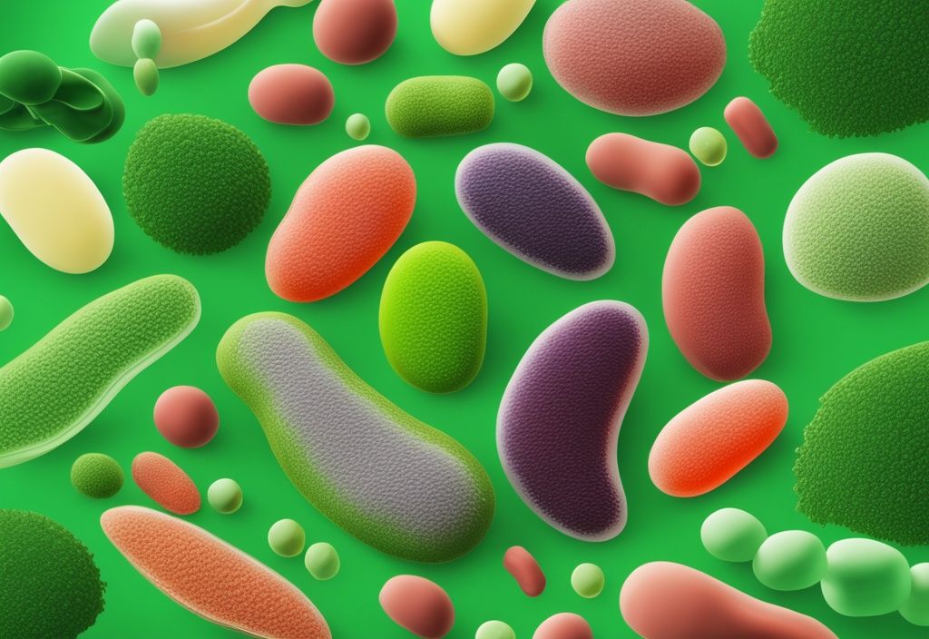 Illustrazione fotorealistica di Haematococcus pluvialis accanto a cibi e integratori ricchi di antiossidanti, evidenziando l'origine organica e le applicazioni dell'astaxantina naturale.