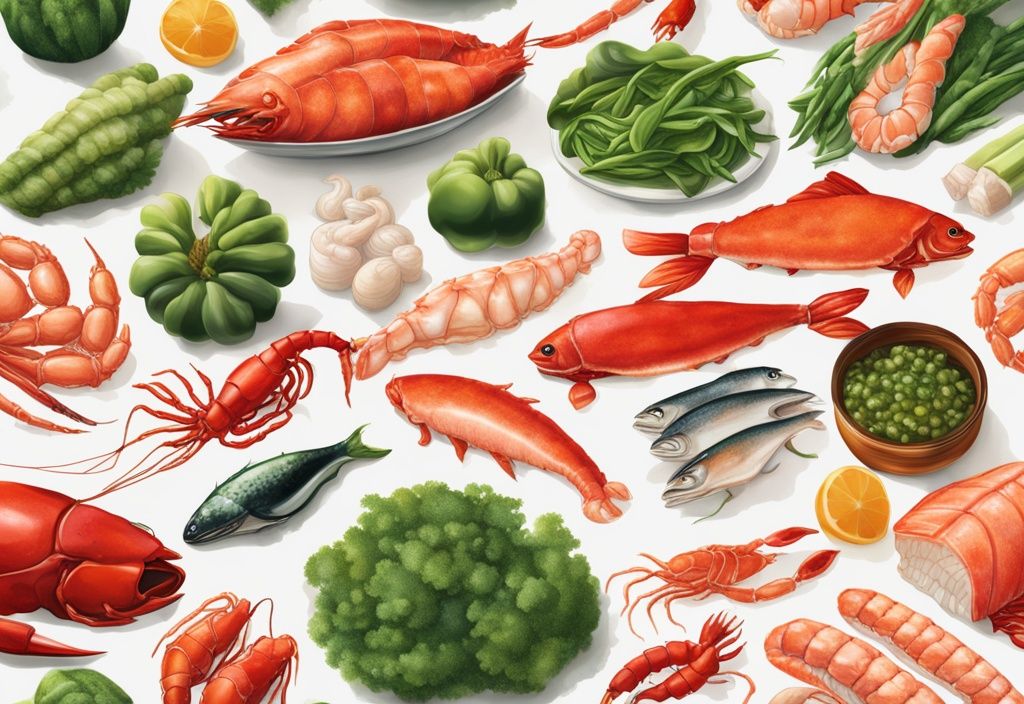 Illustrazione fotorealistica di alimenti ricchi di astaxantina come salmone, gamberi, granchio, aragosta, peperoni rossi e altre verdure e frutti di mare.