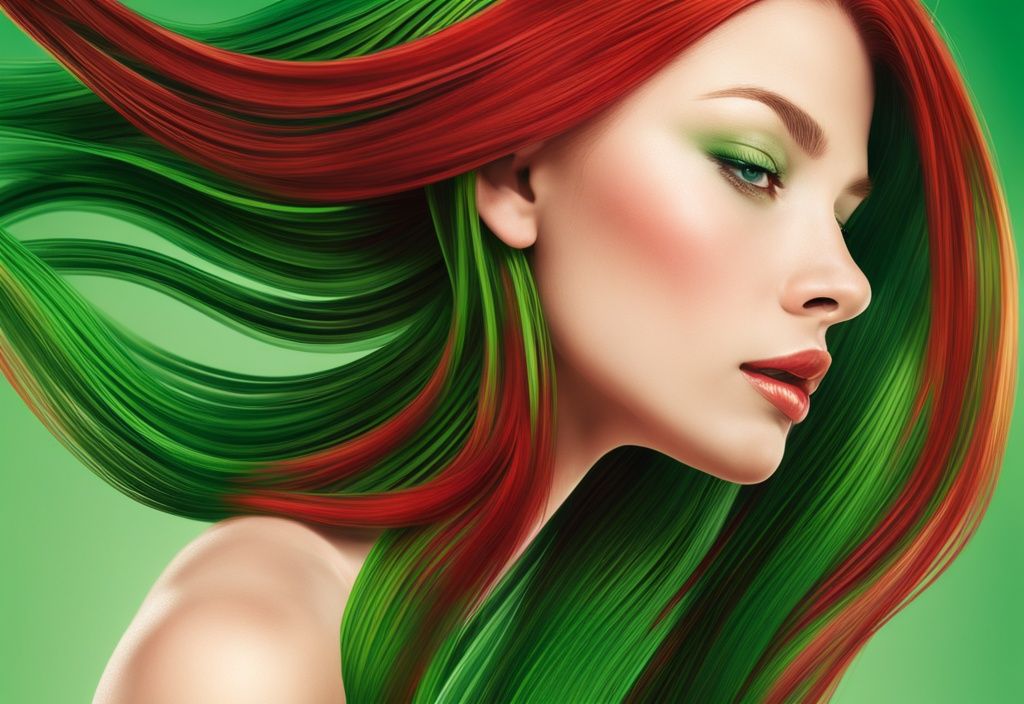 Illustrazione fotorealistica moderna con tema verde, che mostra un ciuffo di capelli sani e lucenti arricchito con astaxantina rossa, simbolo dei benefici dell'astaxantina per i capelli (astaxantina benefici capelli).