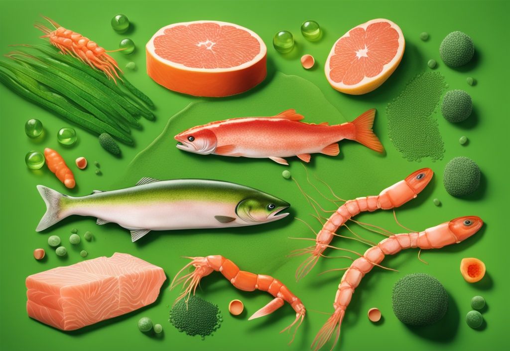 Illustrazione fotorealistica moderna di cibi ricchi di astaxantina, tra cui salmone, gamberetti e microalghe, con rappresentazione 3D della molecola di astaxantina.