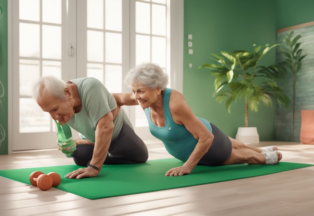 Coppia anziana attiva che si allena con bottiglia di integratore di astaxantina su tappetino da palestra, illustrazione fotorealistica moderna a tema verde