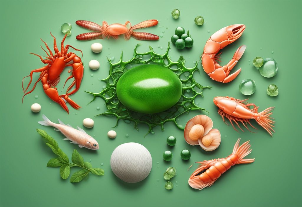 Illustrazione fotorealistica moderna della struttura molecolare dell'Astaxantina con frutti di mare ricchi di Astaxantina, tema colore verde.