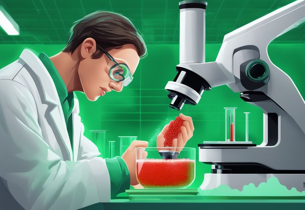 Scienziato in laboratorio che esamina un piatto di Petri con astaxantina sotto un microscopio, tema verde, astaxantina studi scientifici.