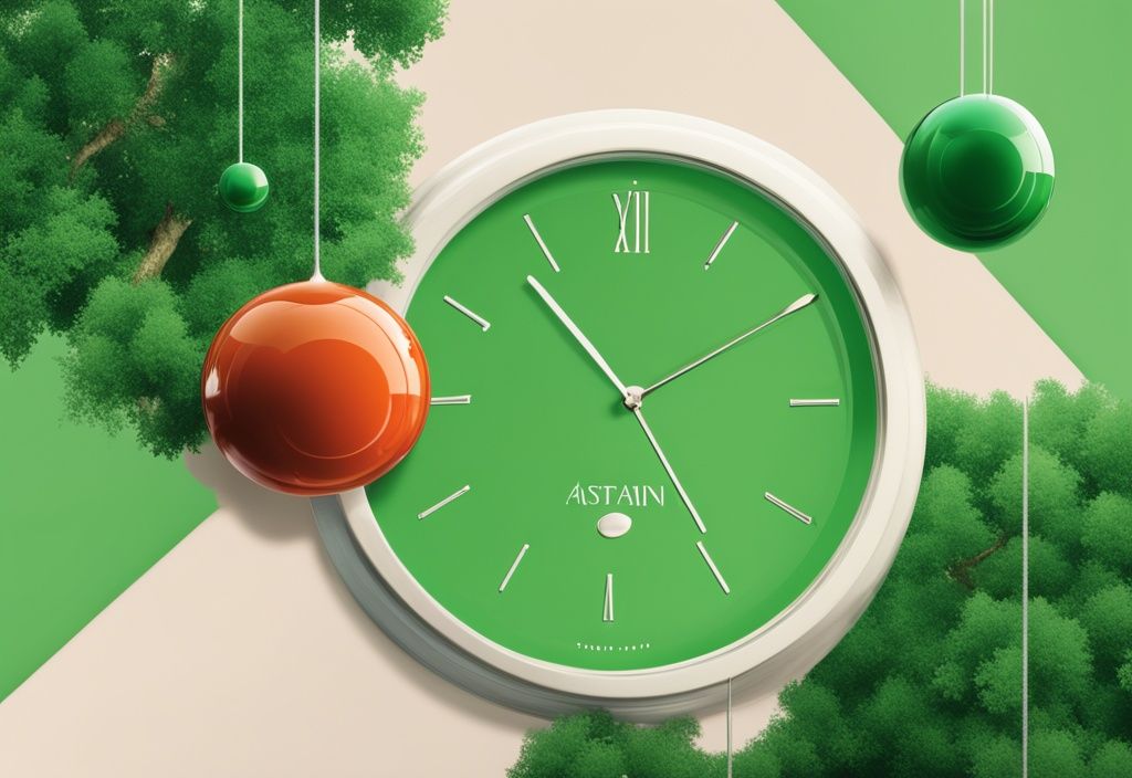 Illustrazione fotorealistica moderna di una capsula di astaxantina su sfondo di orologio e albero astratto, tema verde, simbolo di longevità e vita.